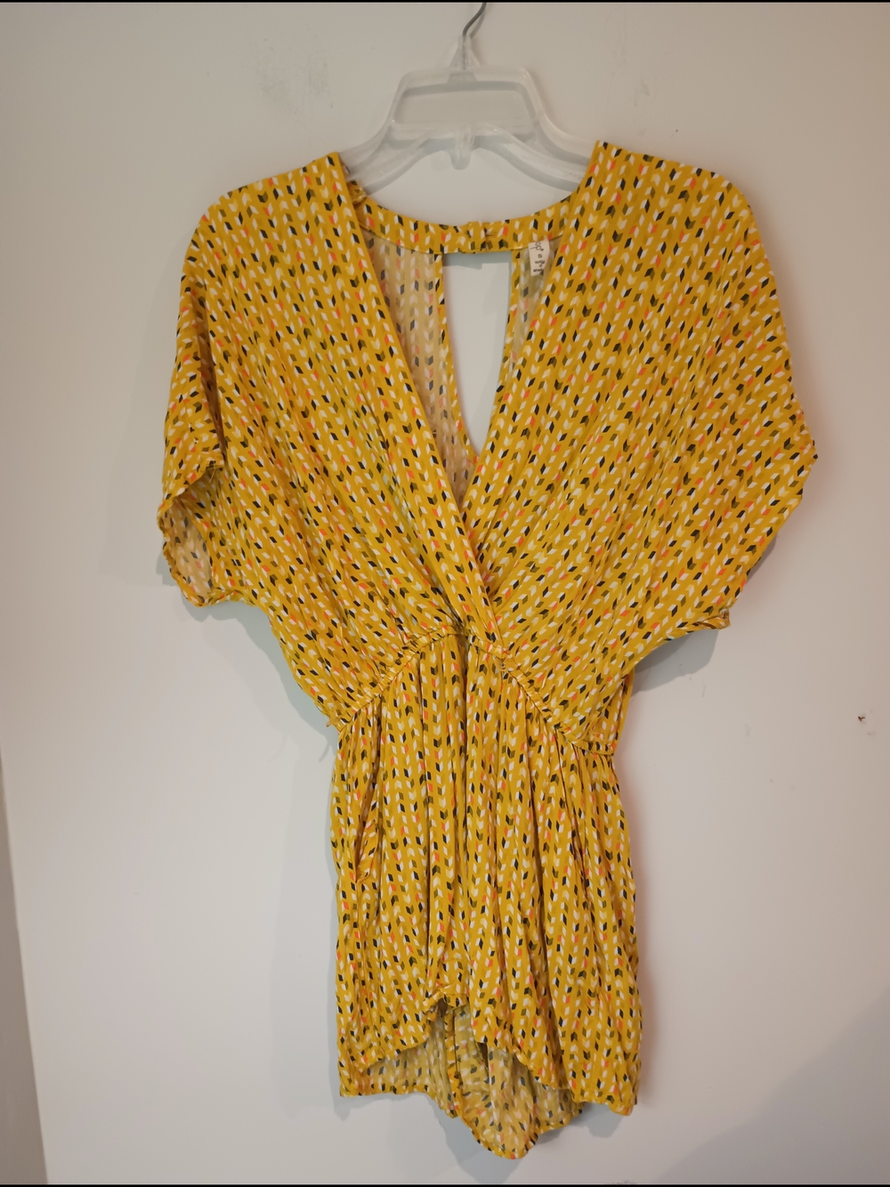 Bebop Romper Small Mustard Yellow Geometric Print Rayon Surplice V-Neck Boho